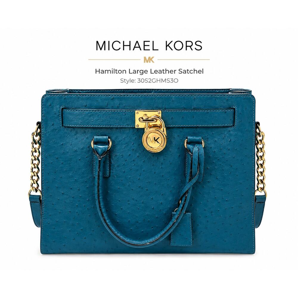 Michael Kors Hamilton Ostrich Embossed Leather Tote Teal Gold